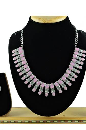 Pink color rhodium plating festive wear designer necklace set