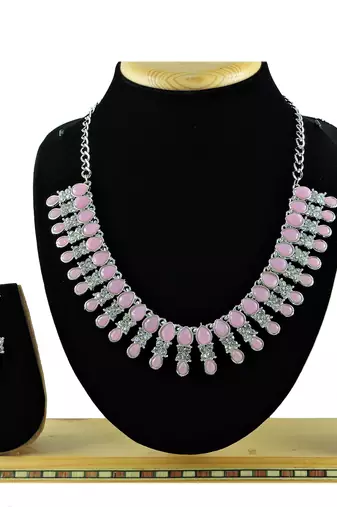 Pink color rhodium plating festive wear designer necklace set