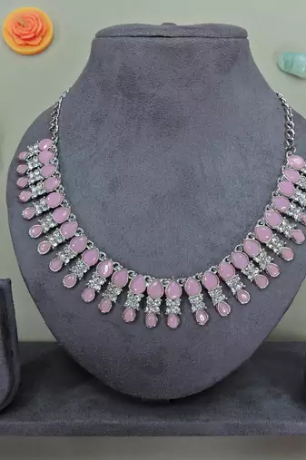 Pink color rhodium plating festive wear designer necklace set