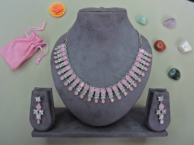 Pink color rhodium plating festive wear designer necklace set