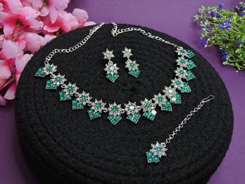 Green color rhodium plating festive wear designer necklace set 2