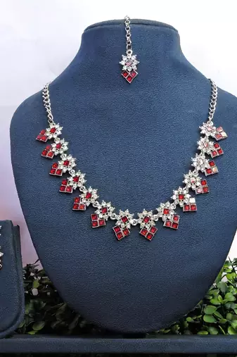 Maroon color rhodium plating festive wear designer necklace set