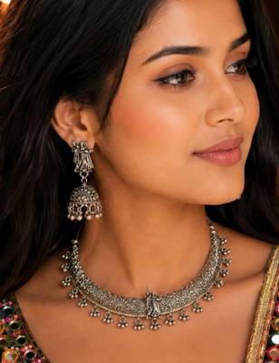 Navratri oxidised silver plated choker necklace with earrings set for women 1
