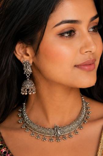 Navratri oxidised silver plated choker necklace with earrings set for women
