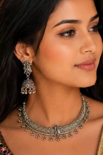 Navratri oxidised silver plated choker necklace with earrings set for women