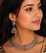 Navratri oxidised silver plated choker necklace with earrings set for women