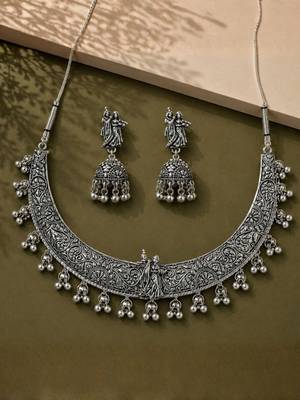 Navratri oxidised silver plated choker necklace with earrings set for women 2