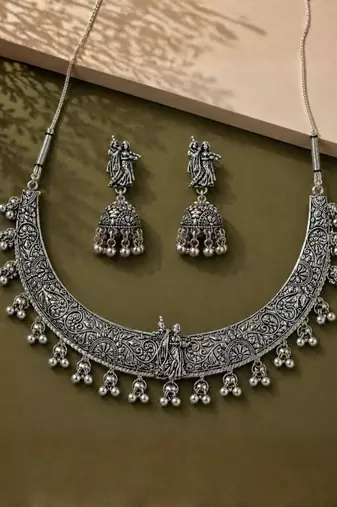 Navratri oxidised silver plated choker necklace with earrings set for women