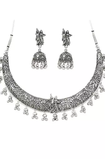 Navratri oxidised silver plated choker necklace with earrings set for women