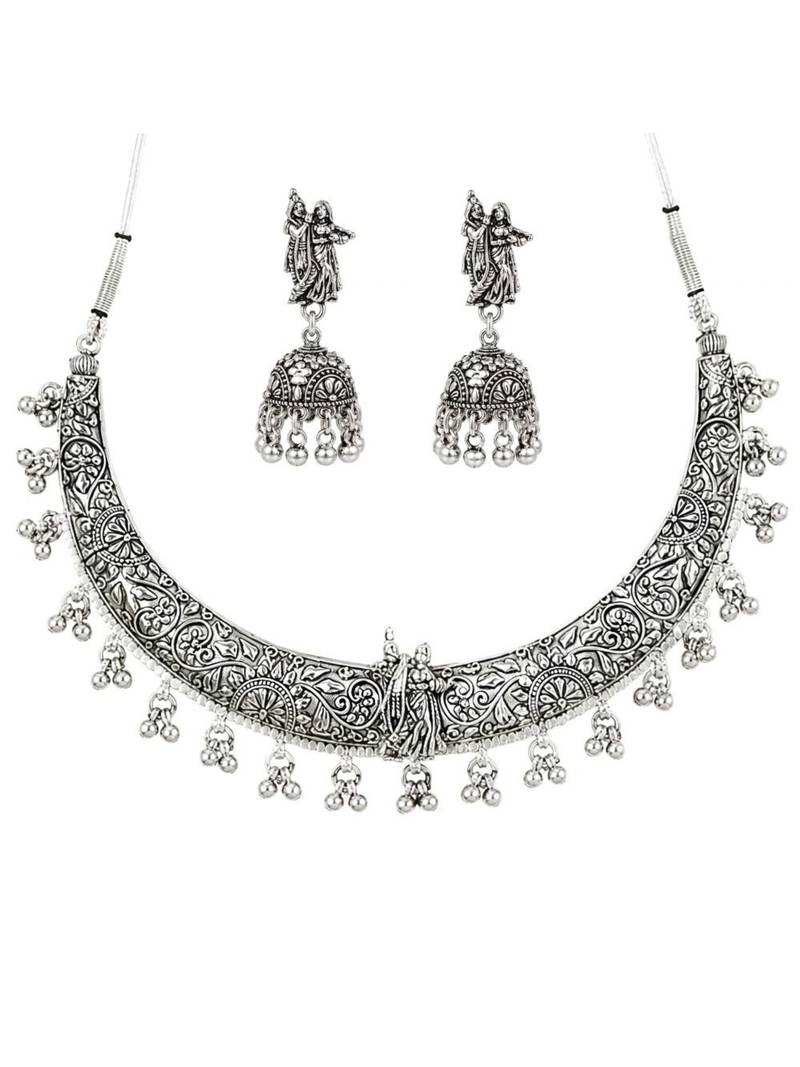 Navratri oxidised silver plated choker necklace with earrings set for women