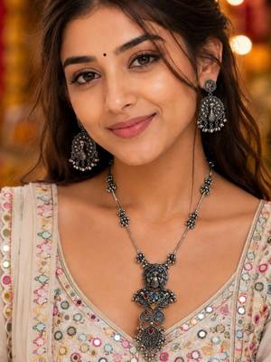 Navratri oxidised silver plated necklace with earrings jewellery set for women 1
