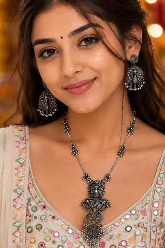 Navratri oxidised silver plated necklace with earrings jewellery set for women