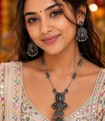 Navratri oxidised silver plated necklace with earrings jewellery set for women
