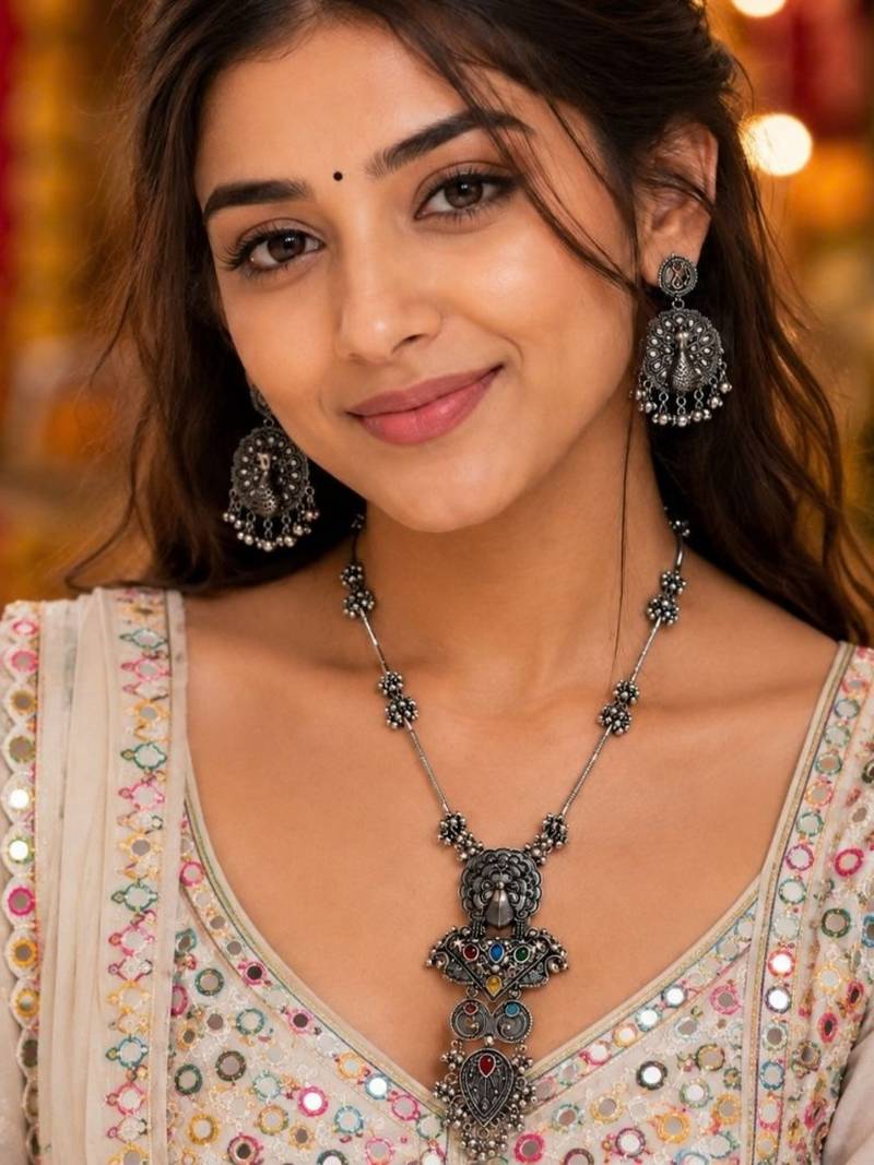 Navratri oxidised silver plated necklace with earrings jewellery set for women