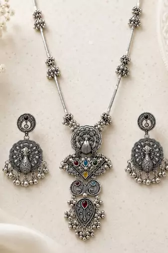 Navratri oxidised silver plated necklace with earrings jewellery set for women