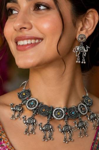 Navratri oxidised silver plated choker necklace with earrings set for women