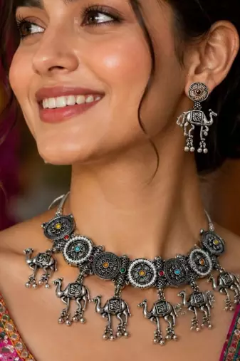 Navratri oxidised silver plated choker necklace with earrings set for women