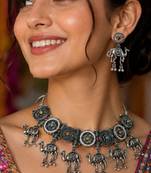 Navratri oxidised silver plated choker necklace with earrings set for women