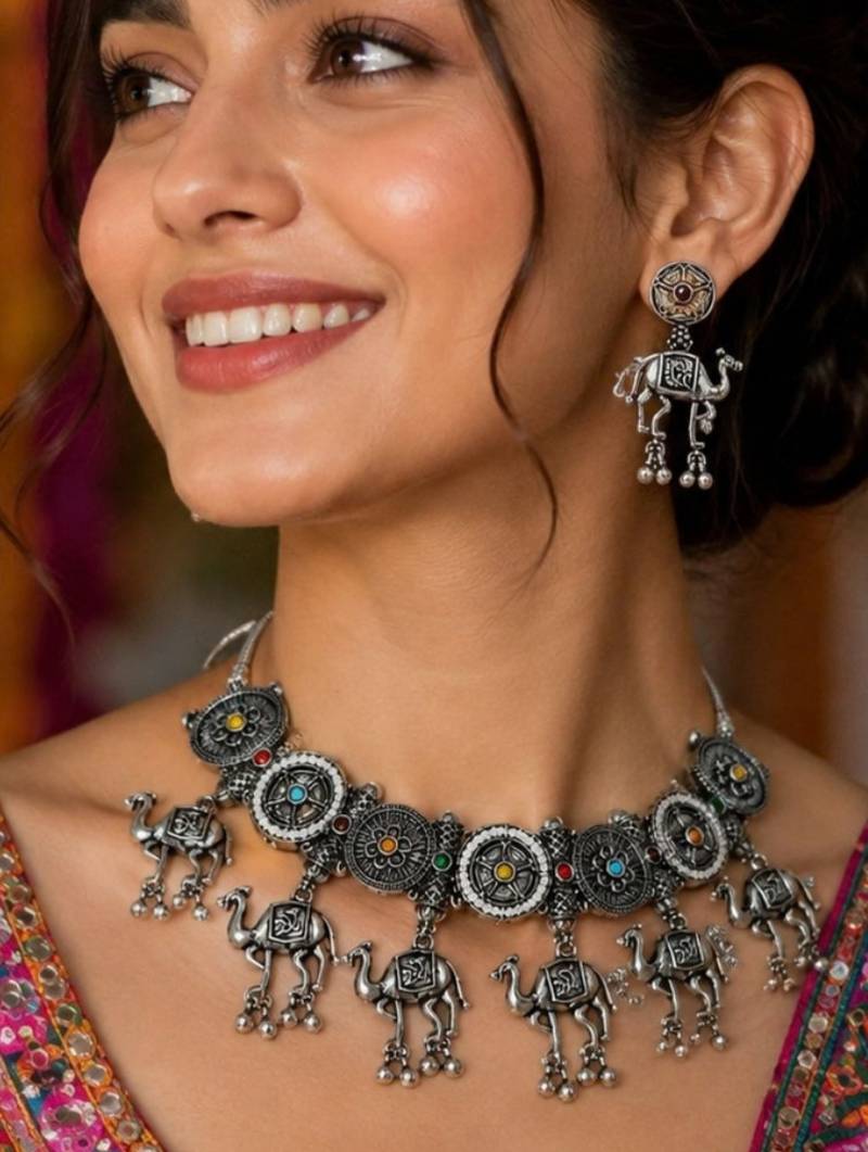 Navratri oxidised silver plated choker necklace with earrings set for women