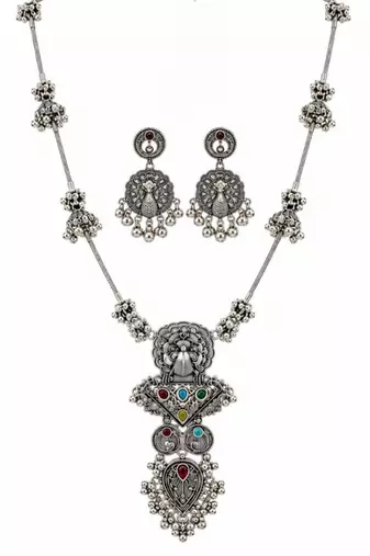 Navratri oxidised silver plated necklace with earrings jewellery set for women