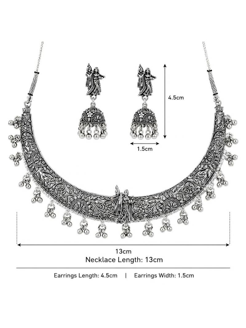 Navratri oxidised silver plated choker necklace with earrings set for women