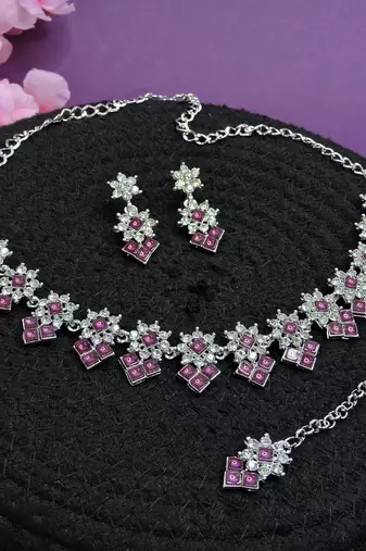 Purple color rhodium plating festive wear designer necklace set