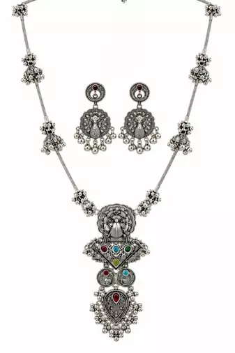Navratri oxidised silver plated necklace with earrings jewellery set for women