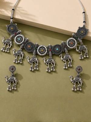 Navratri oxidised silver plated choker necklace with earrings set for women 2