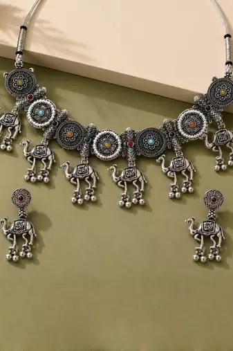 Navratri oxidised silver plated choker necklace with earrings set for women