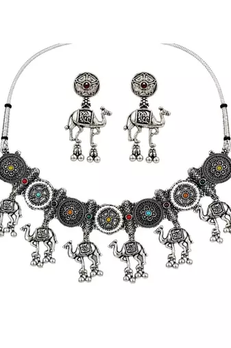 Navratri oxidised silver plated choker necklace with earrings set for women