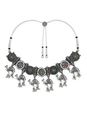 Navratri oxidised silver plated choker necklace with earrings set for women 4