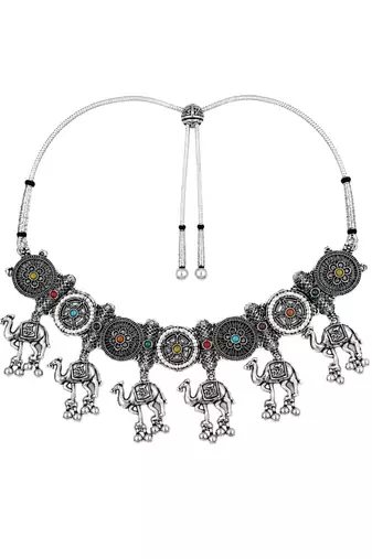 Navratri oxidised silver plated choker necklace with earrings set for women