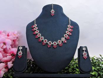 Pink color rhodium plating festive wear designer necklace set 1
