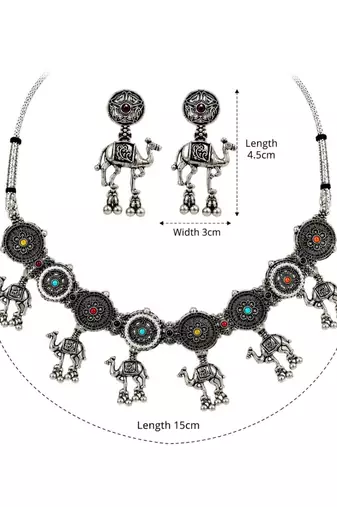 Navratri oxidised silver plated choker necklace with earrings set for women