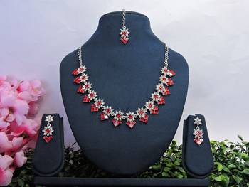 Red color rhodium plating festive wear designer necklace set 1