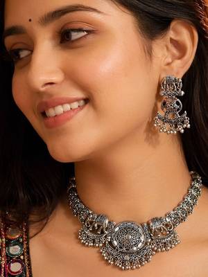 Navratri oxidised silver plated necklace with earrings jewellery set for women 1
