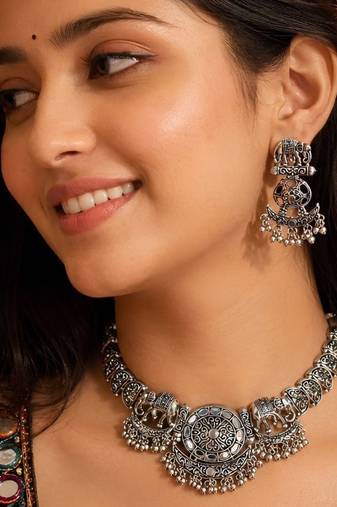 Navratri oxidised silver plated necklace with earrings jewellery set for women