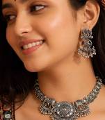 Navratri oxidised silver plated necklace with earrings jewellery set for women