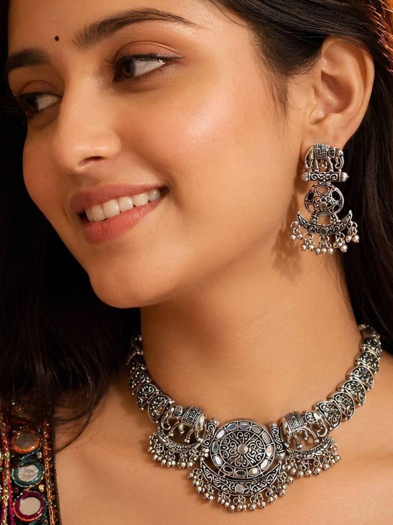 Navratri oxidised silver plated necklace with earrings jewellery set for women