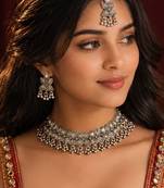 Navratri oxidised silver plated necklace with earrings and maang tikka for women