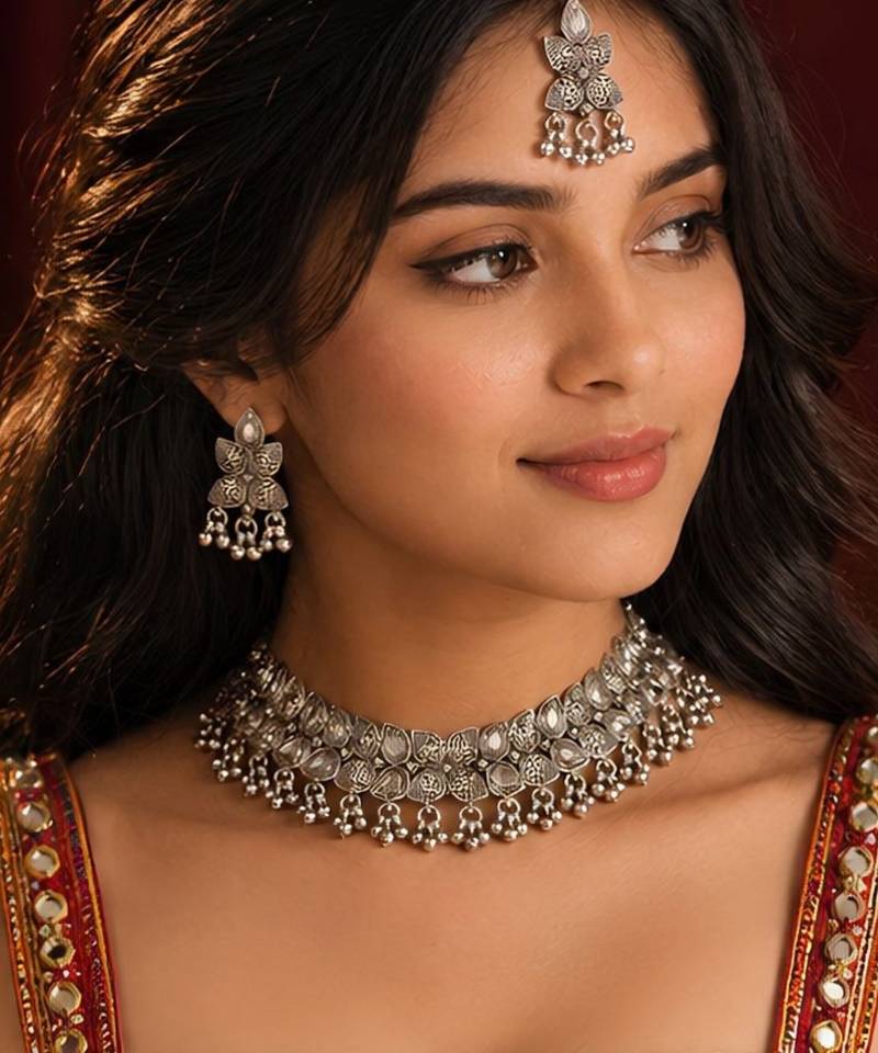 Navratri oxidised silver plated necklace with earrings and maang tikka for women