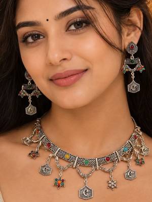 Navratri oxidised silver plated choker necklace with earrings set for women 1