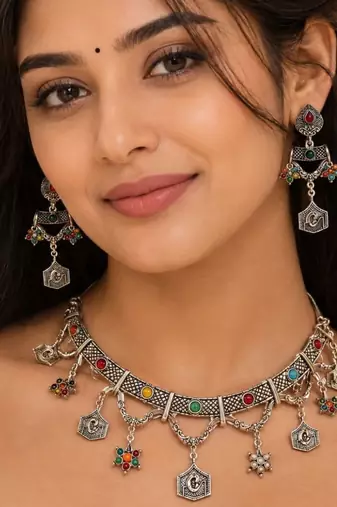 Navratri oxidised silver plated choker necklace with earrings set for women