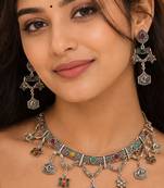 Navratri oxidised silver plated choker necklace with earrings set for women
