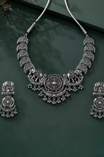Navratri oxidised silver plated necklace with earrings jewellery set for women