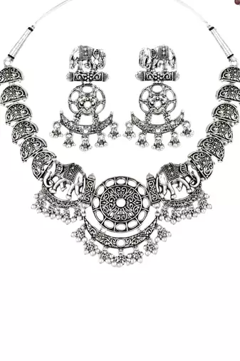 Navratri oxidised silver plated necklace with earrings jewellery set for women