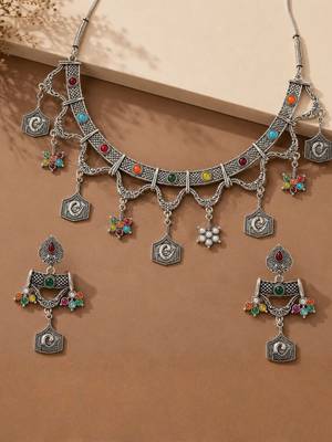 Navratri oxidised silver plated choker necklace with earrings set for women 2