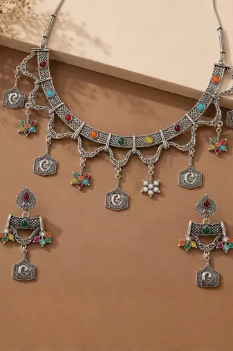 Navratri oxidised silver plated choker necklace with earrings set for women