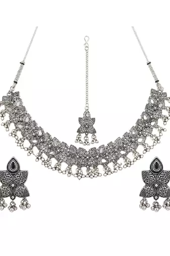 Navratri oxidised silver plated necklace with earrings and maang tikka for women