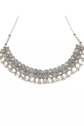Navratri oxidised silver plated necklace with earrings and maang tikka for women